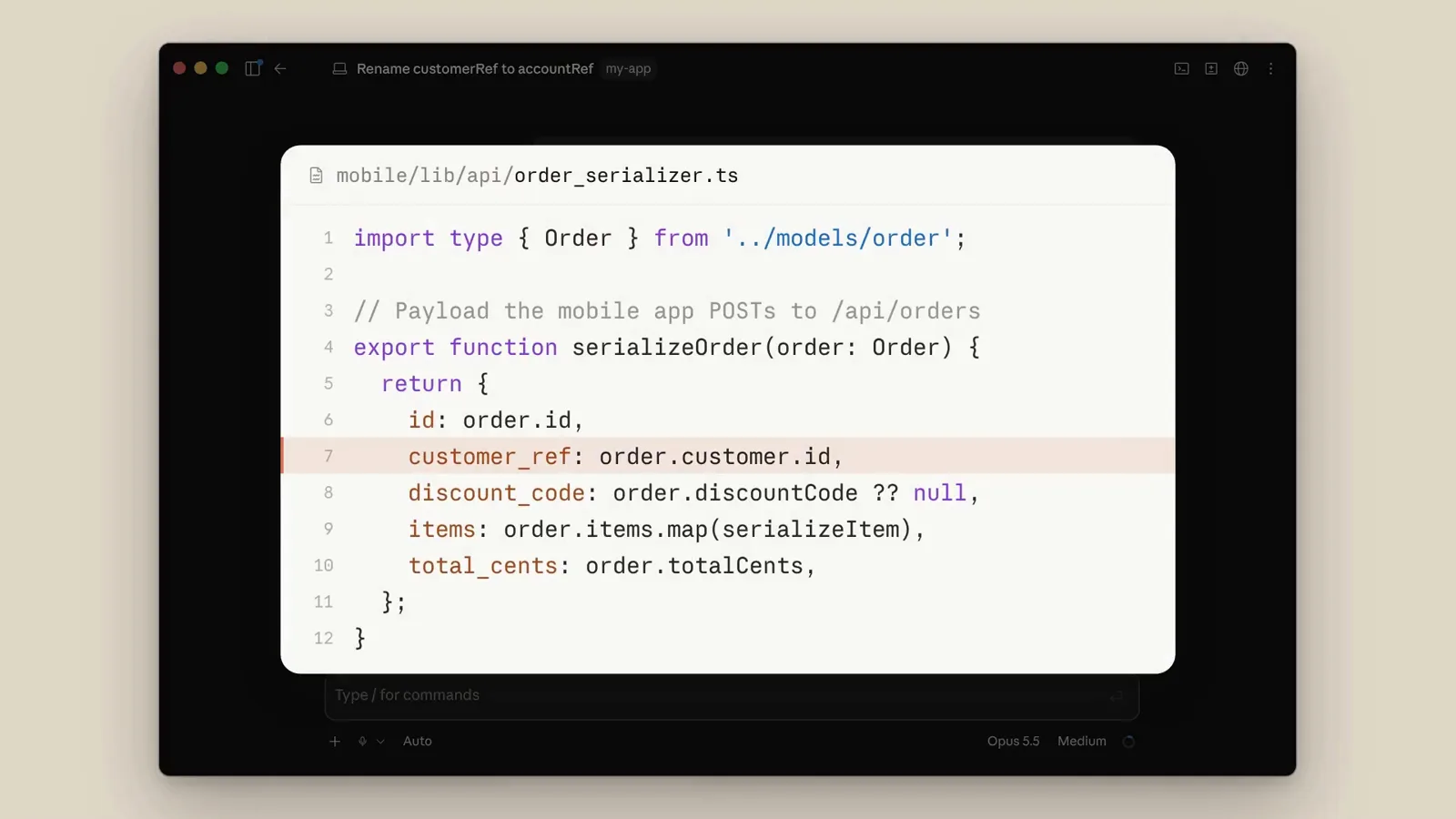 Claude code preview of order_serializer.ts highlighting the customer_ref field that medium effort missed in the mobile app Claude code preview of order_serializer.ts highlighting the customer_ref field that medium effort missed in the mobile app