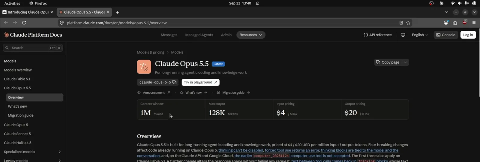 Claude Platform Docs model page for Claude Opus 5.5 listing a 1M token context window, 128K max output, and $4 and $20 pricing Claude Platform Docs model page for Claude Opus 5.5 listing a 1M token context window, 128K max output, and $4 and $20 pricing