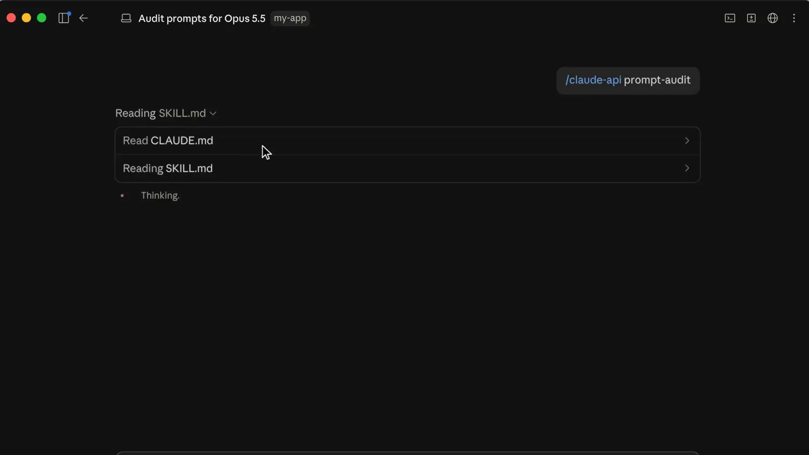 Claude running the claude-api prompt-audit command to update CLAUDE.md and SKILL.md files for Opus 5.5 Claude running the claude-api prompt-audit command to update CLAUDE.md and SKILL.md files for Opus 5.5