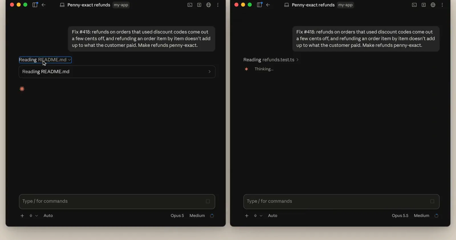 Claude app split screen running the same refund bug prompt on Opus 5 and Opus 5.5 at medium effort Claude app split screen running the same refund bug prompt on Opus 5 and Opus 5.5 at medium effort