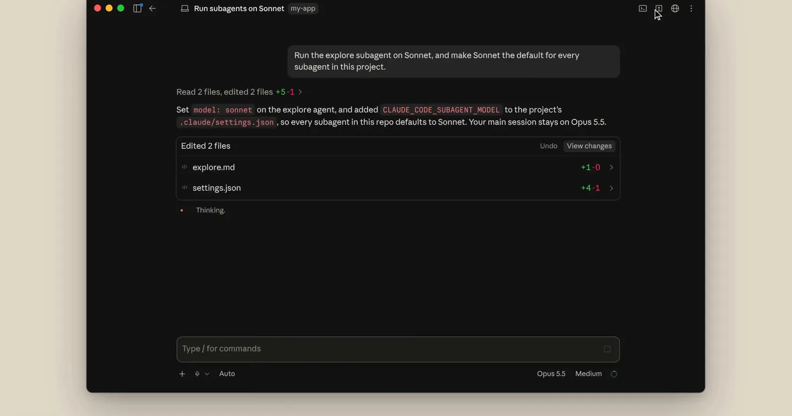 Claude confirming the explore subagent now runs on Sonnet with CLAUDE_CODE_SUBAGENT_MODEL set in project settings Claude confirming the explore subagent now runs on Sonnet with CLAUDE_CODE_SUBAGENT_MODEL set in project settings