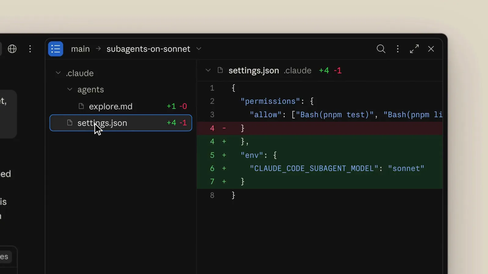 Claude settings.json diff adding CLAUDE_CODE_SUBAGENT_MODEL sonnet next to test permissions on a subagents-on-sonnet branch Claude settings.json diff adding CLAUDE_CODE_SUBAGENT_MODEL sonnet next to test permissions on a subagents-on-sonnet branch
