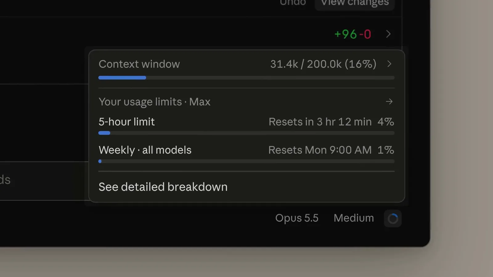 Claude usage panel after an Opus 5.5 task showing 16% context window use and 4% of the five-hour Max limit Claude usage panel after an Opus 5.5 task showing 16% context window use and 4% of the five-hour Max limit