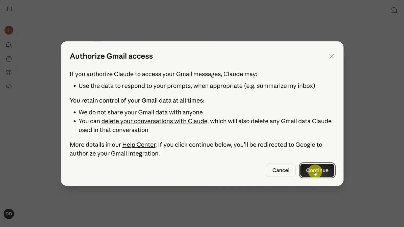 Authorize Gmail access dialog in Claude explaining what data Claude may use before you click Continue