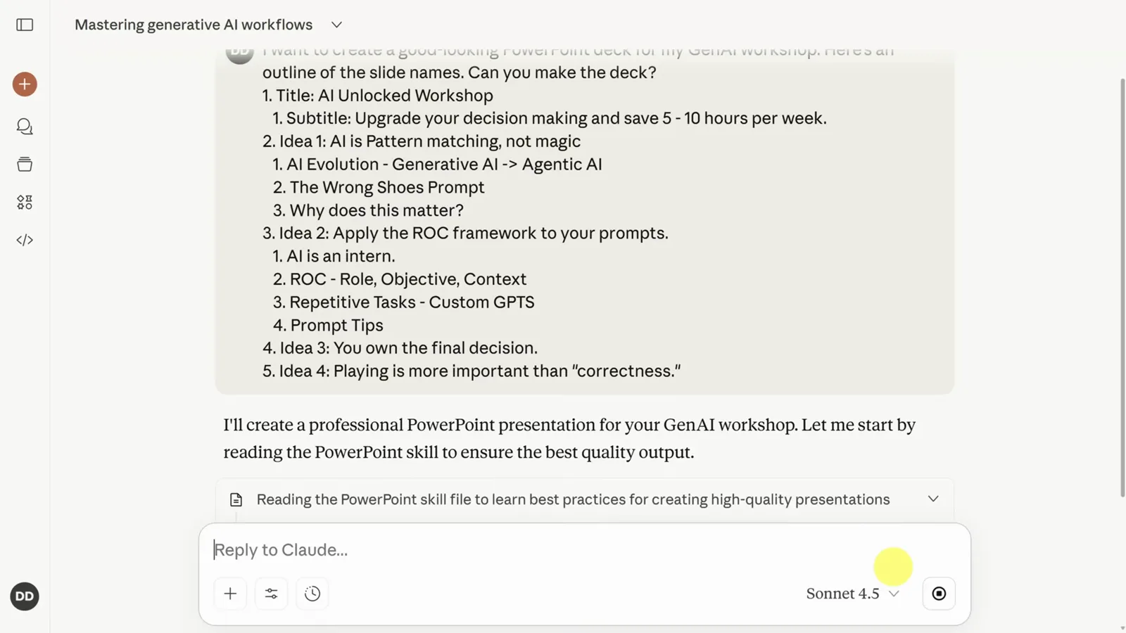 The PowerPoint skill's SKILL.md, html2pptx.md and CSS guide being read by Claude before it builds the deck