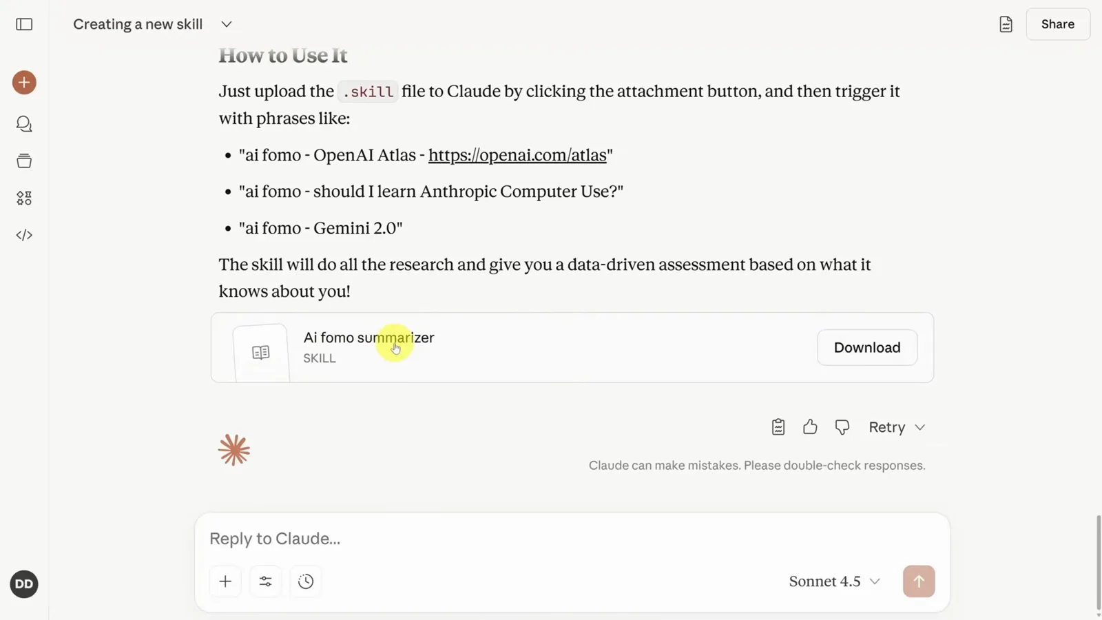 Trigger phrases for the ai fomo skill listed on Claude's usage card above the skill's Download button