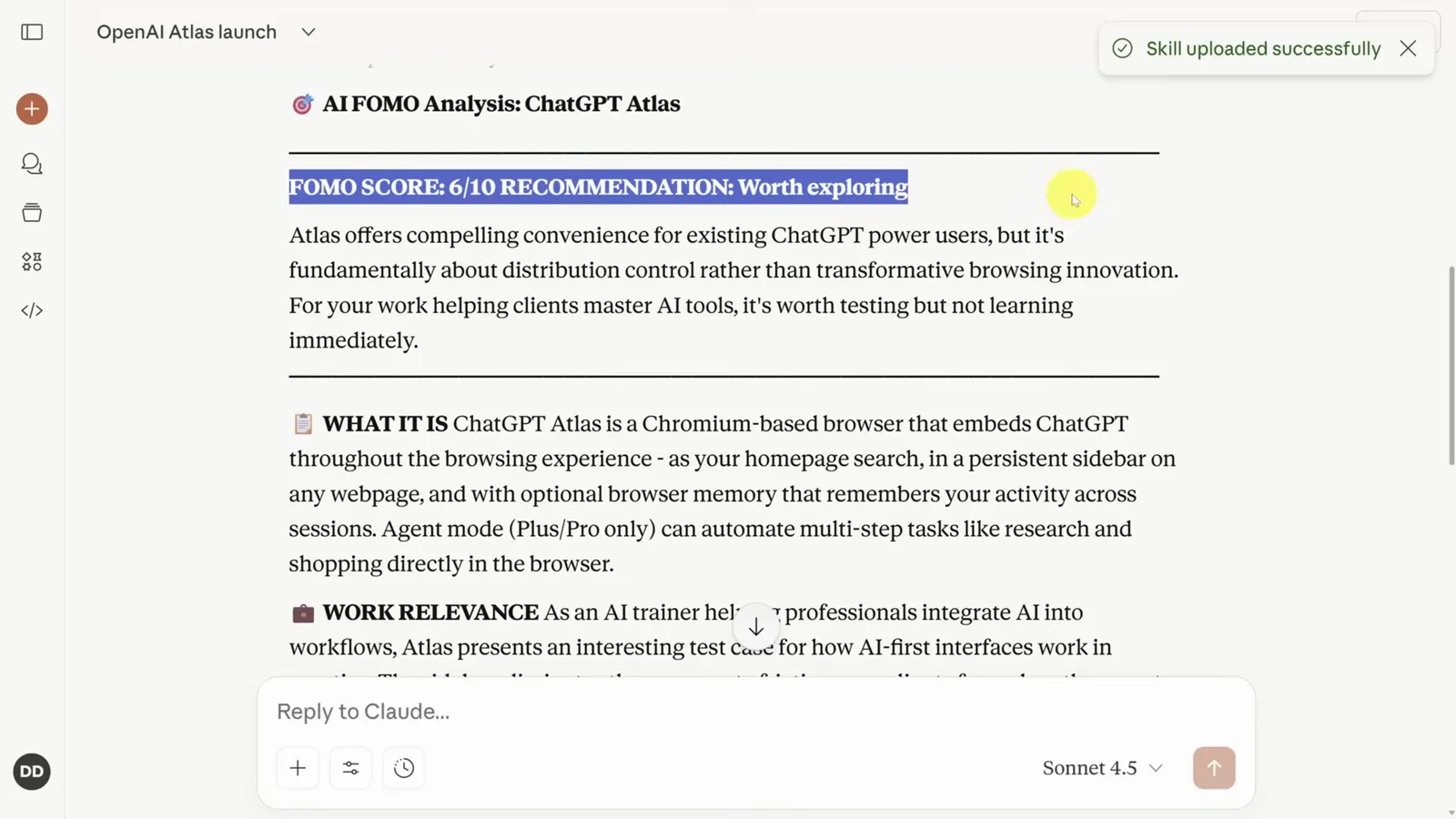 AI FOMO Analysis of ChatGPT Atlas in Claude showing a FOMO score of 6 out of 10 with a worth exploring recommendation