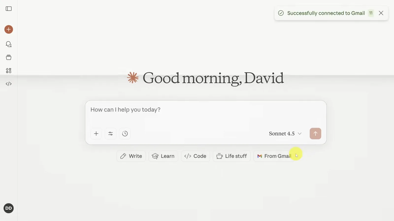 From Gmail chip under the Claude prompt box with a Successfully connected to Gmail toast in the top right
