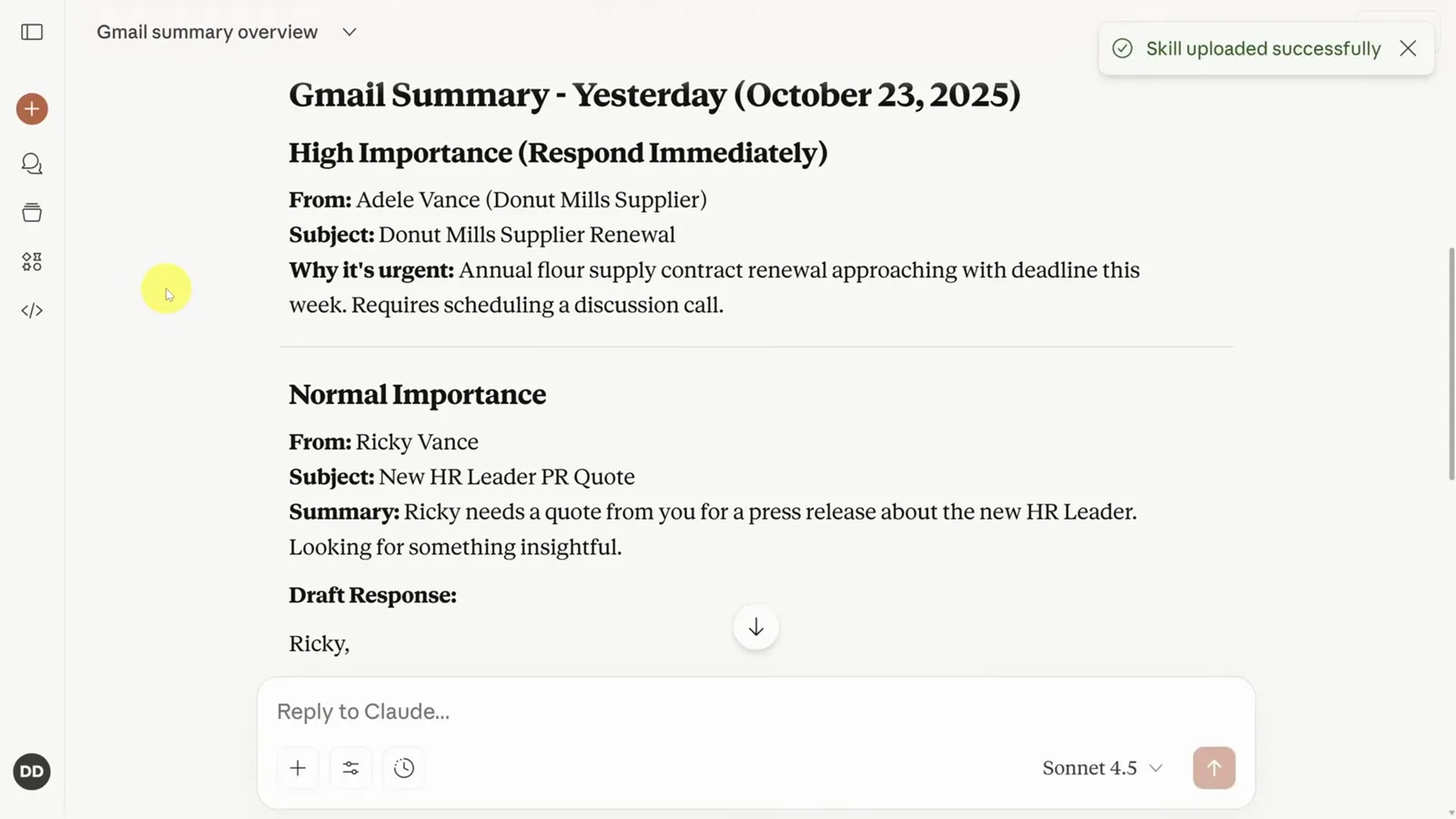 Gmail Summary for yesterday in Claude ranking high-importance supplier emails with drafted responses below