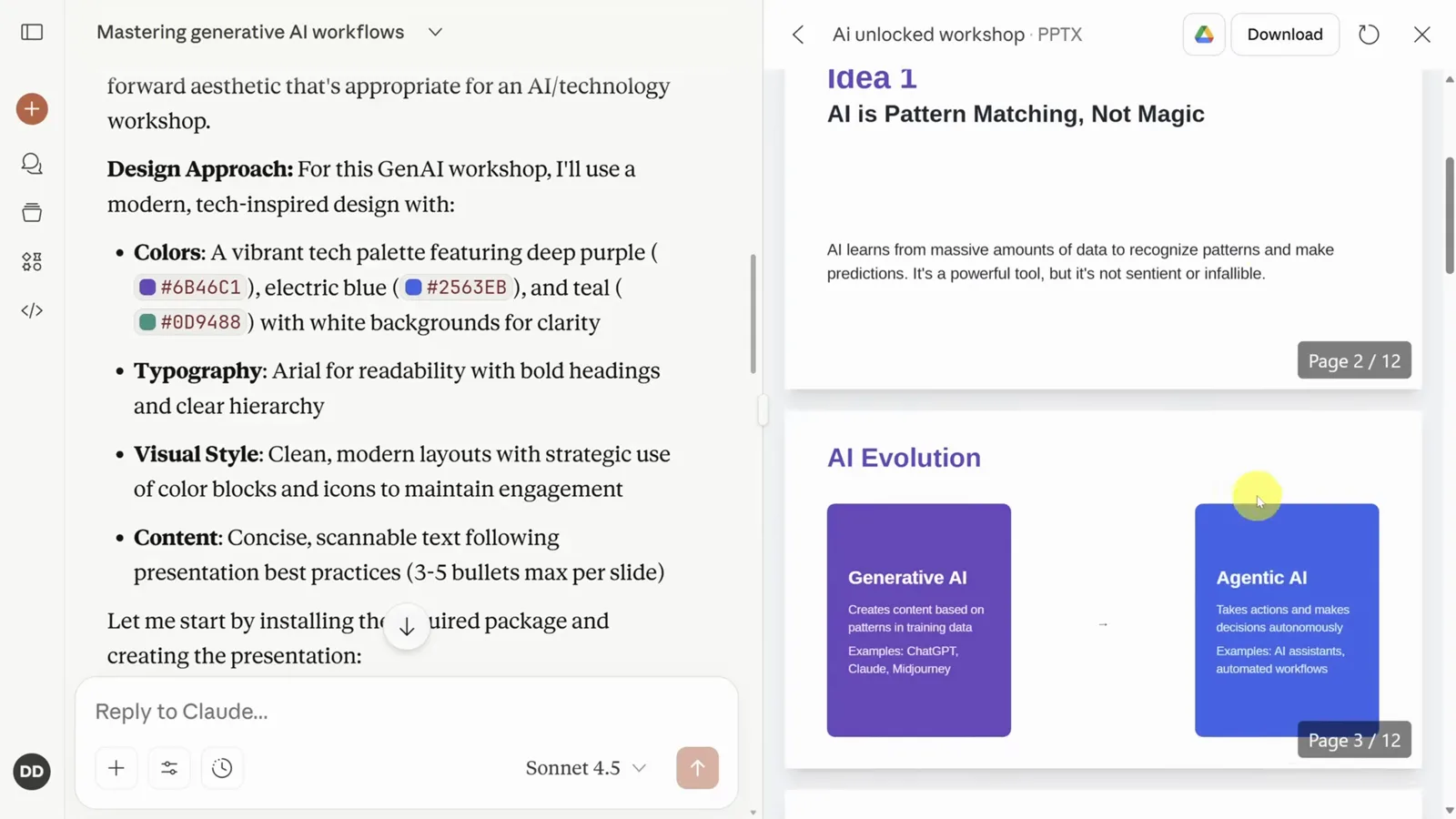 AI Unlocked Workshop slides previewed in Claude's artifact panel alongside the purple-and-teal design approach