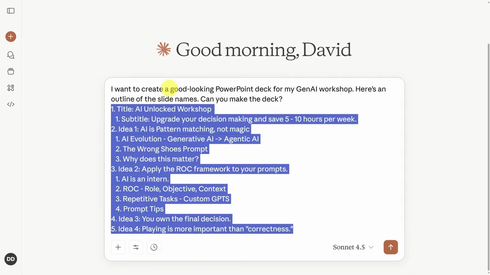 A numbered GenAI workshop outline pasted into the Claude chat box, ready to trigger the built-in pptx skill