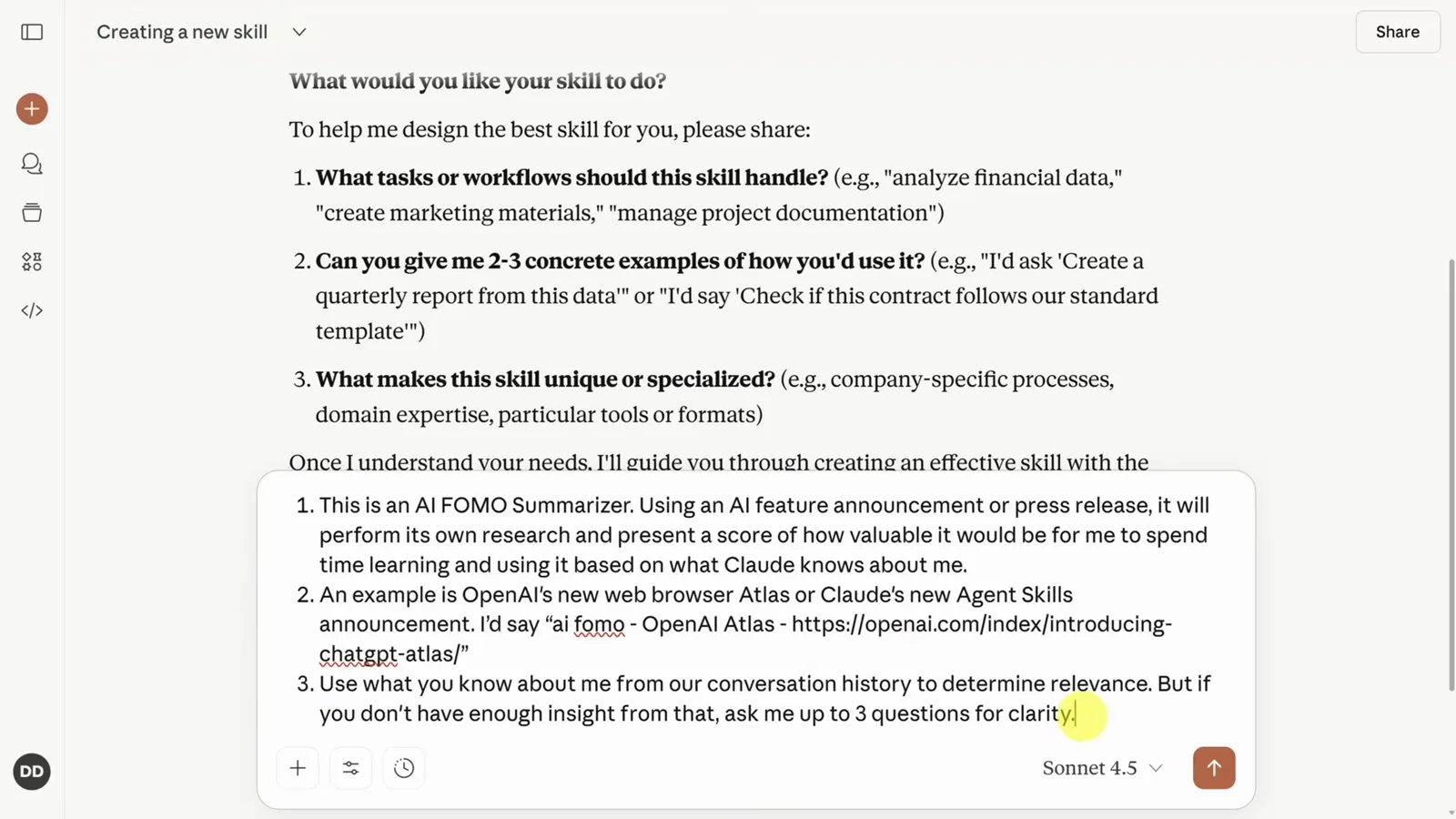 AI FOMO Summarizer answer draft in the Skill Creator chat with the what else should I clarify tip ready to send