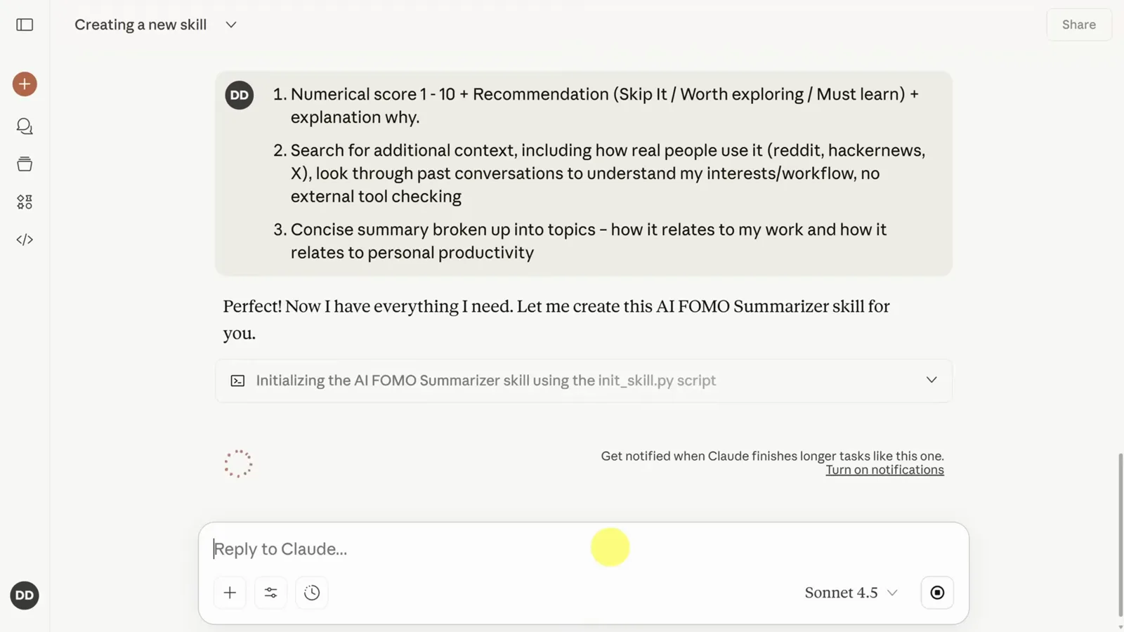 init_skill.py installing the AI FOMO Summarizer skill in Claude after the scoring spec is confirmed