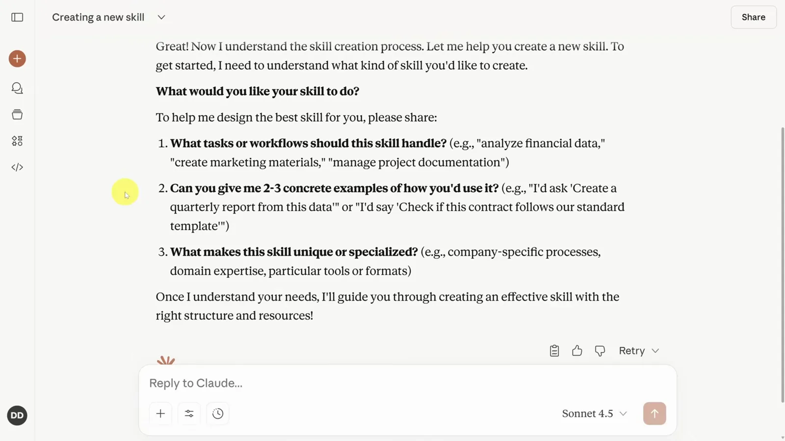 Skill Creator interview in Claude asking what the skill should handle, with usage examples and what makes it unique