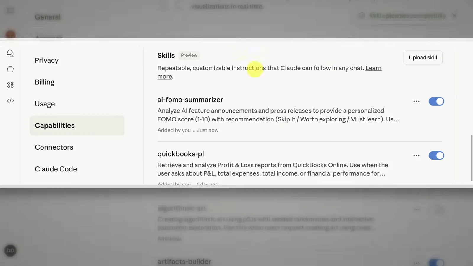 Newly uploaded ai-fomo-summarizer sitting toggled-on in the Claude Skills settings list above quickbooks-pl
