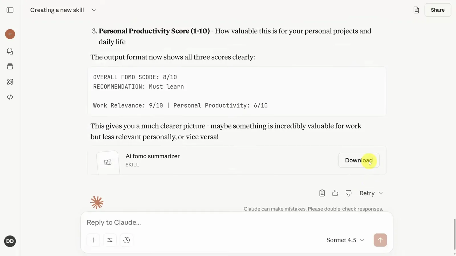 Updated skill output in Claude with overall FOMO, work relevance and personal productivity scores and a Download button
