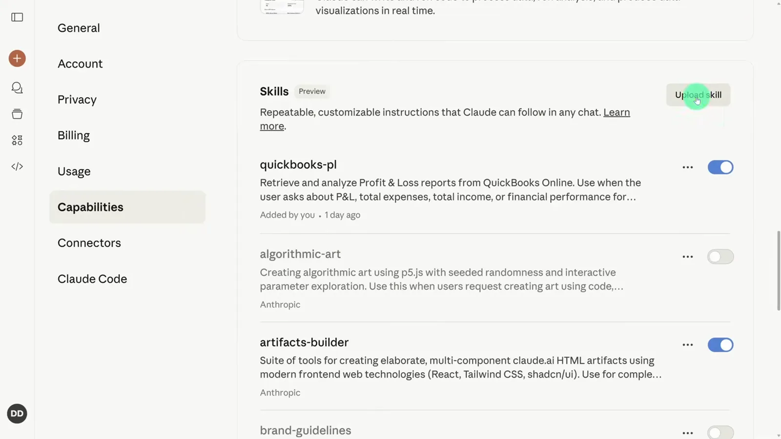 Windows file picker open over Claude's Upload skill pane to select the downloaded AI FOMO Summarizer .skill file