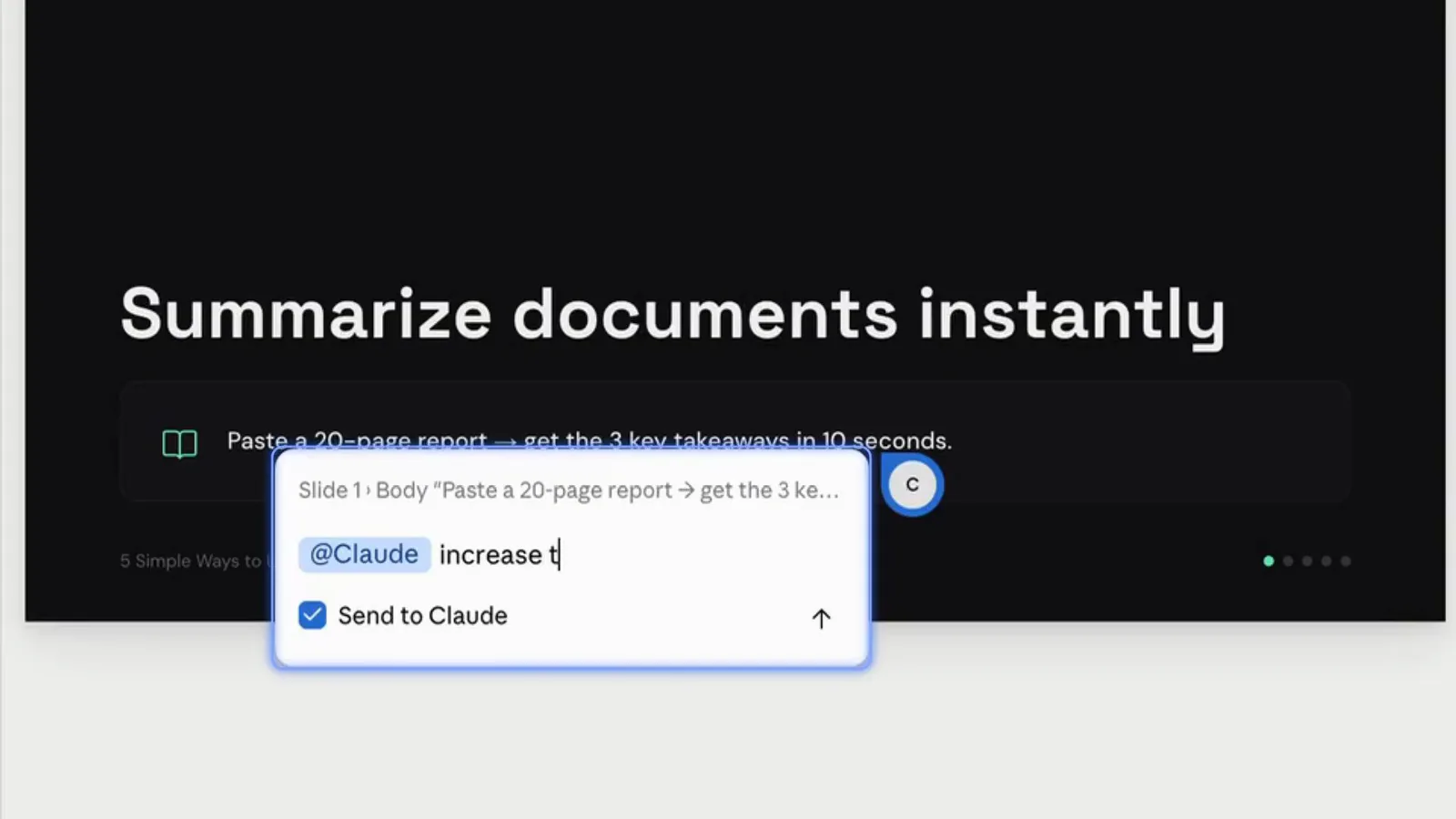 An @Claude comment asking to increase the font on selected slide text with the send to Claude checkbox An @Claude comment asking to increase the font on selected slide text with the send to Claude checkbox