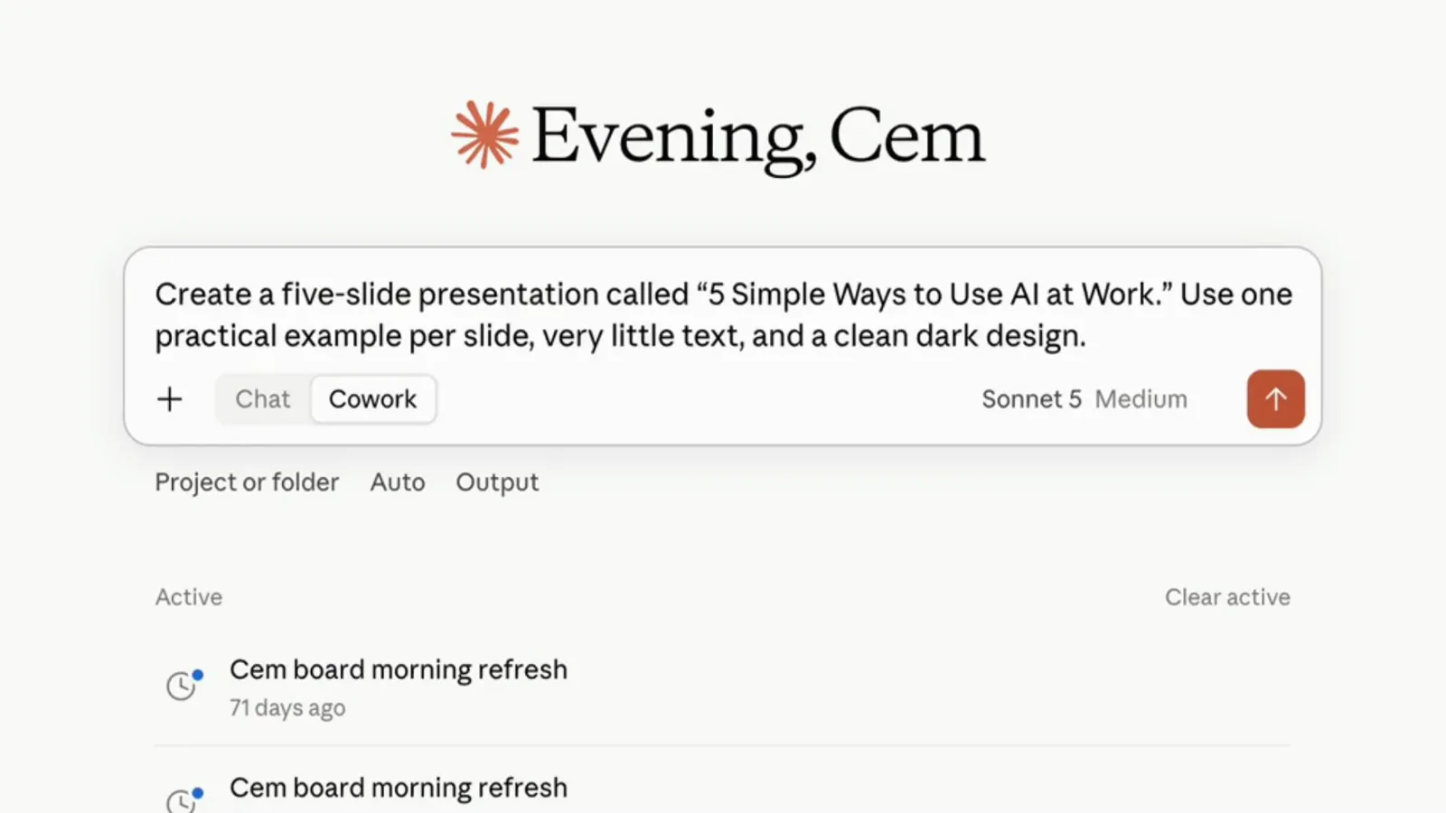 A typed five-slide presentation prompt sitting in the Claude composer with one practical example per slide requested A typed five-slide presentation prompt sitting in the Claude composer with one practical example per slide requested