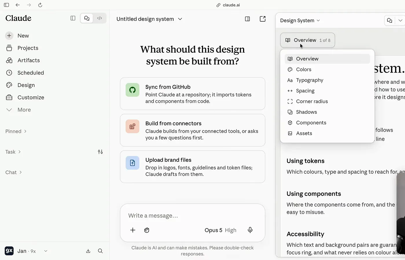 Design system setup screen in Claude asking what to build it from with GitHub, connectors and brand file options Design system setup screen in Claude asking what to build it from with GitHub, connectors and brand file options