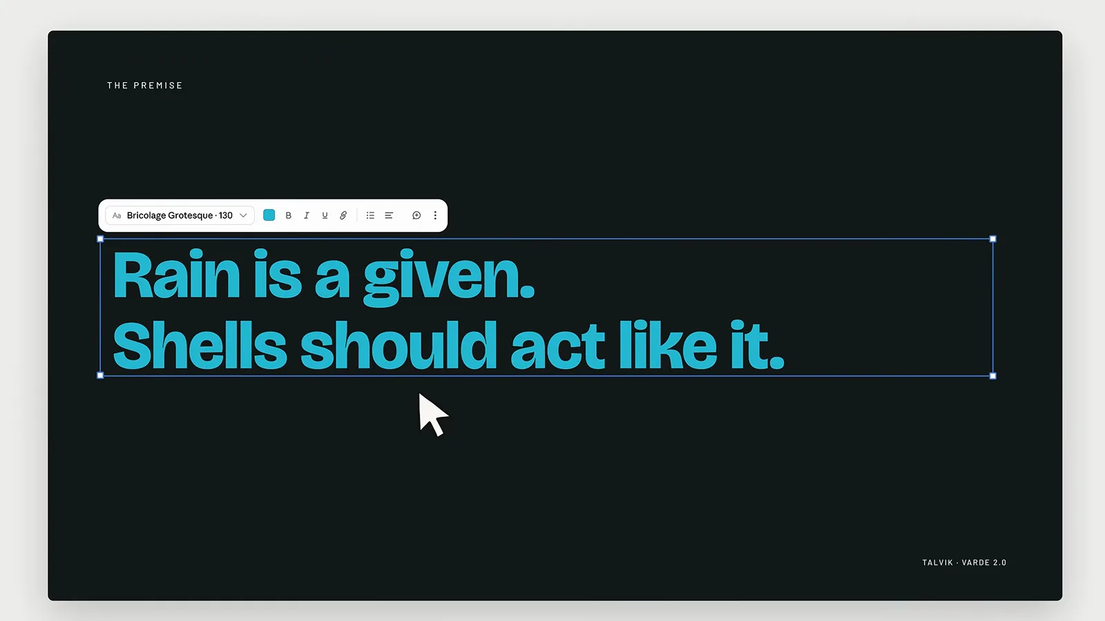 Editing the Rain is a given slide headline in Claude Slides with the inline font toolbar and text selection box Editing the Rain is a given slide headline in Claude Slides with the inline font toolbar and text selection box