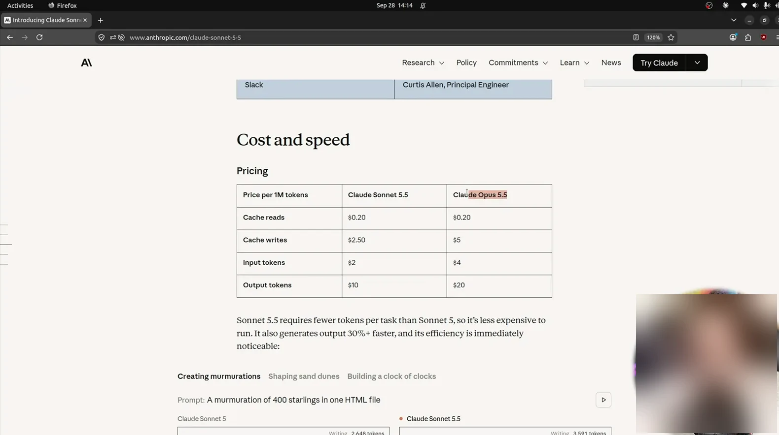 Cost and speed table comparing Sonnet 5.5 at 2 and 10 dollars per million tokens with Opus 5.5 at 4 and 20