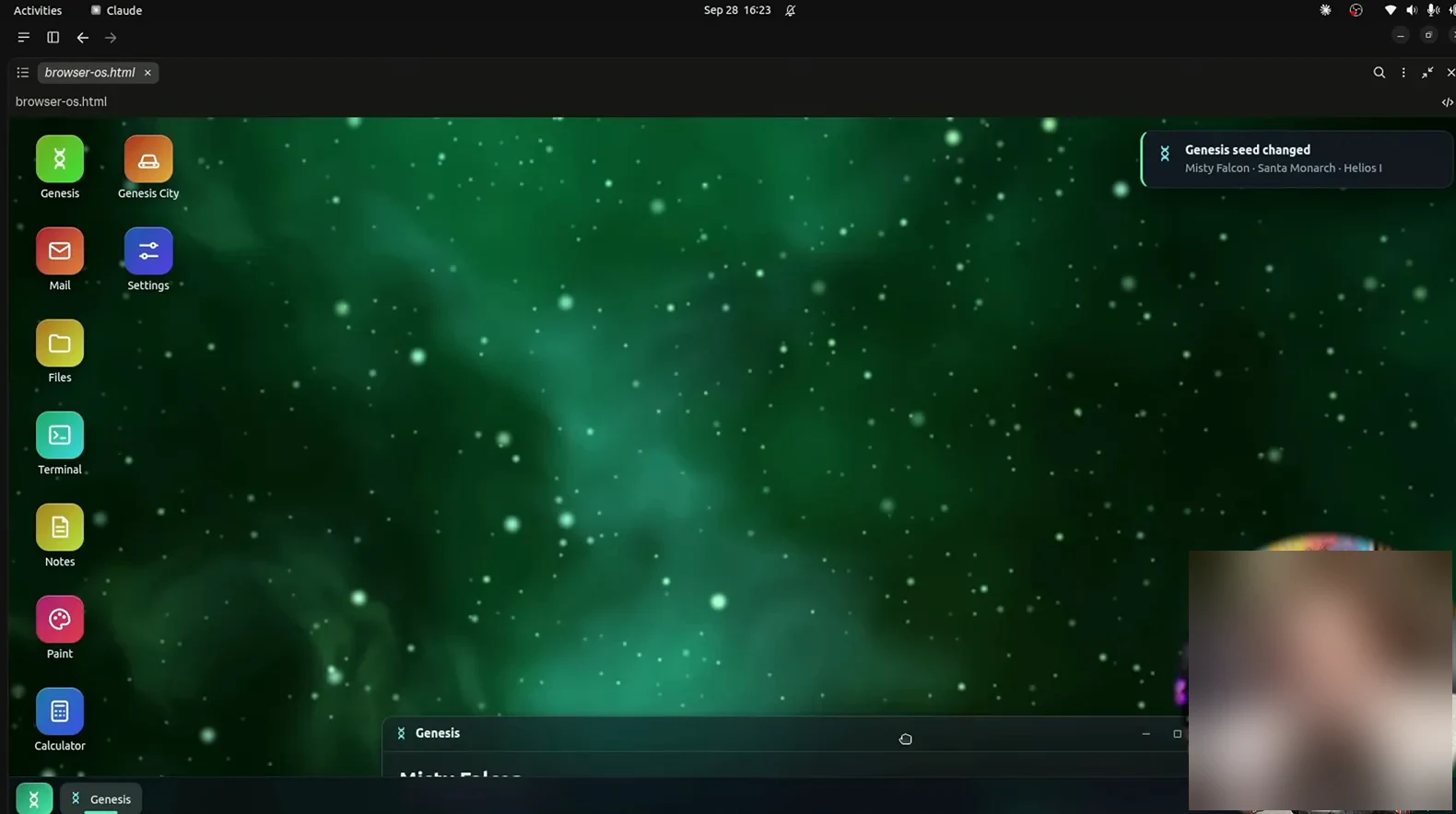 Browser operating system built by Claude Sonnet 5.5 with its app launcher menu open over a nebula wallpaper