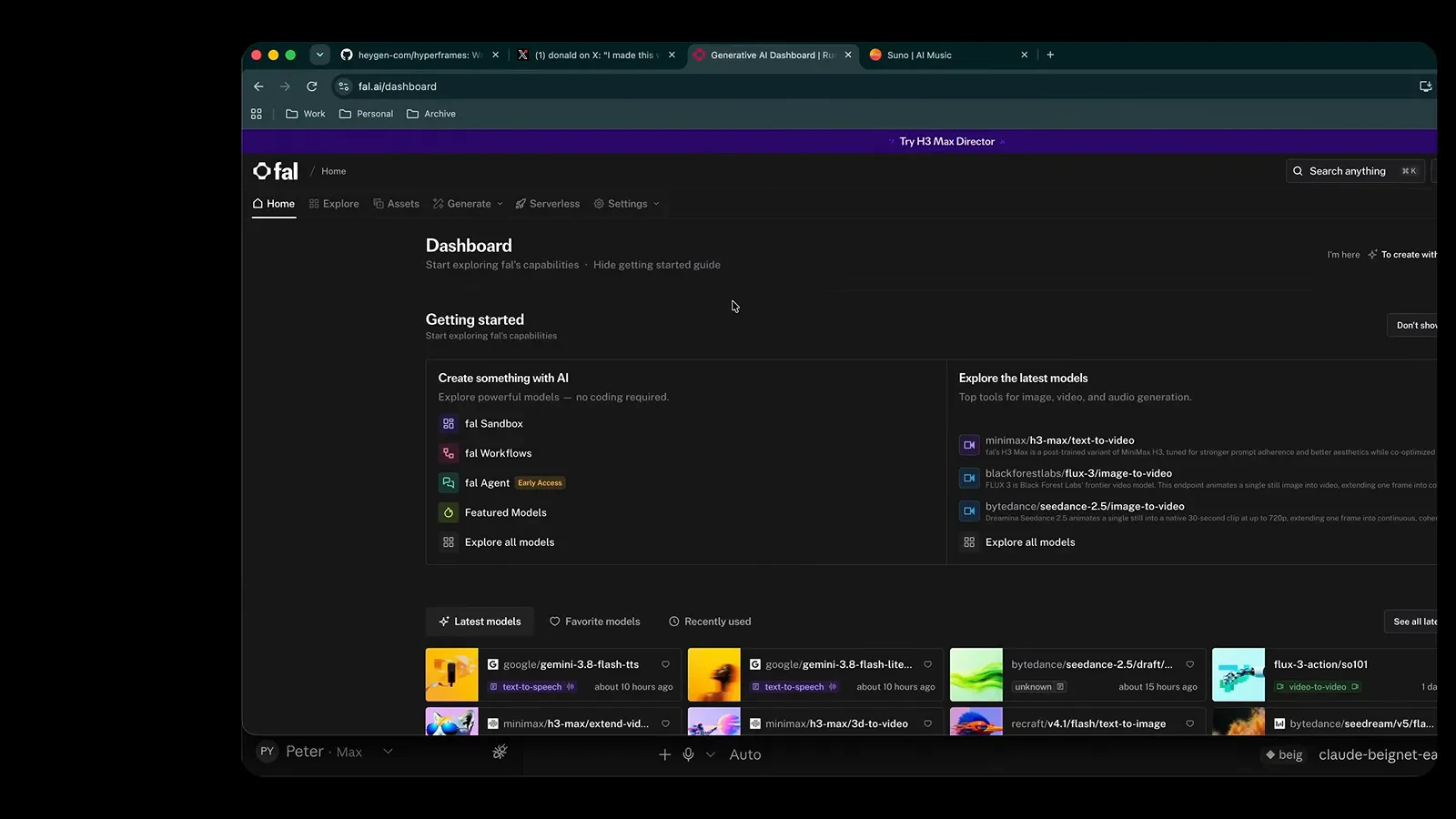 fal.ai dashboard with the getting started guide and model catalog open before an API key goes to Claude Code