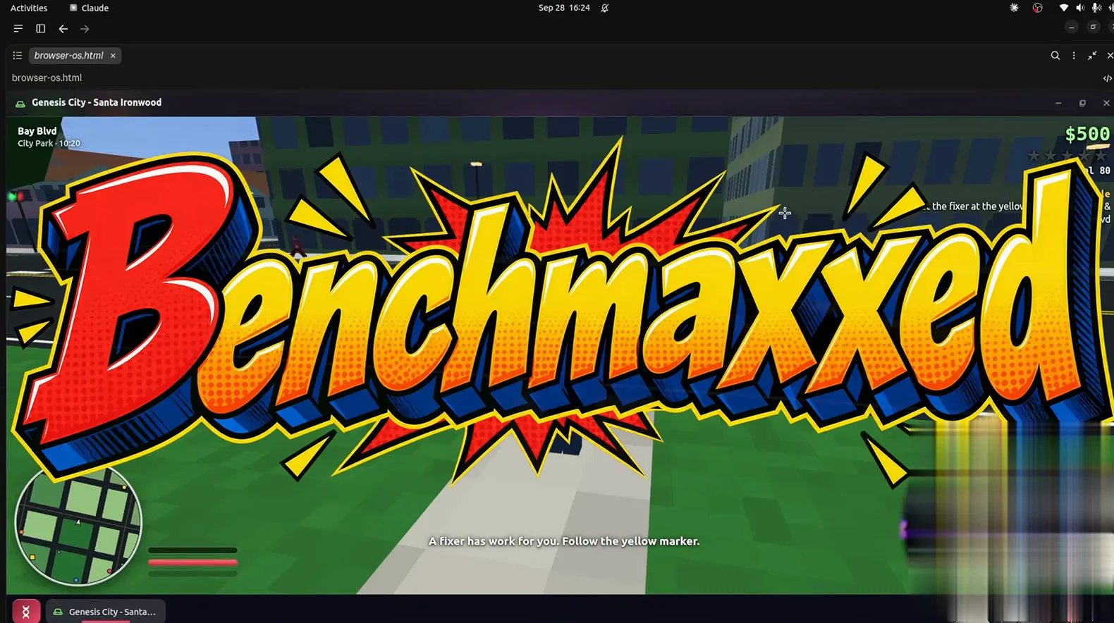Benchmaxxed title screen of the GTA-style game that ships inside Claude Sonnet 5.5's browser operating system