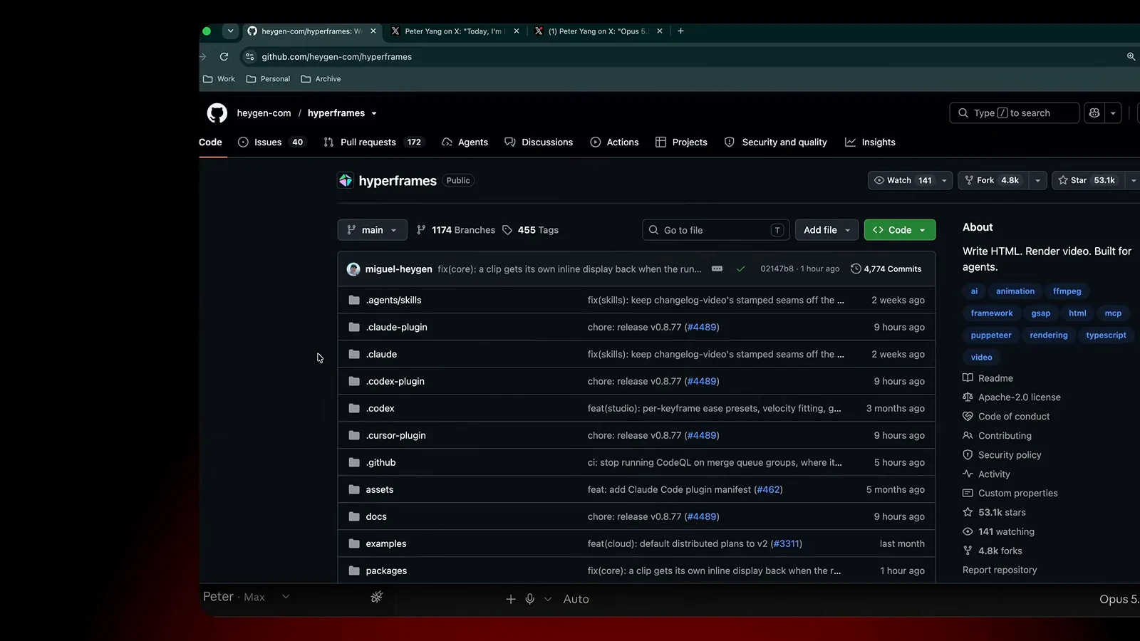 Hyperframes GitHub repository page with its file list and About panel reading write HTML, render video