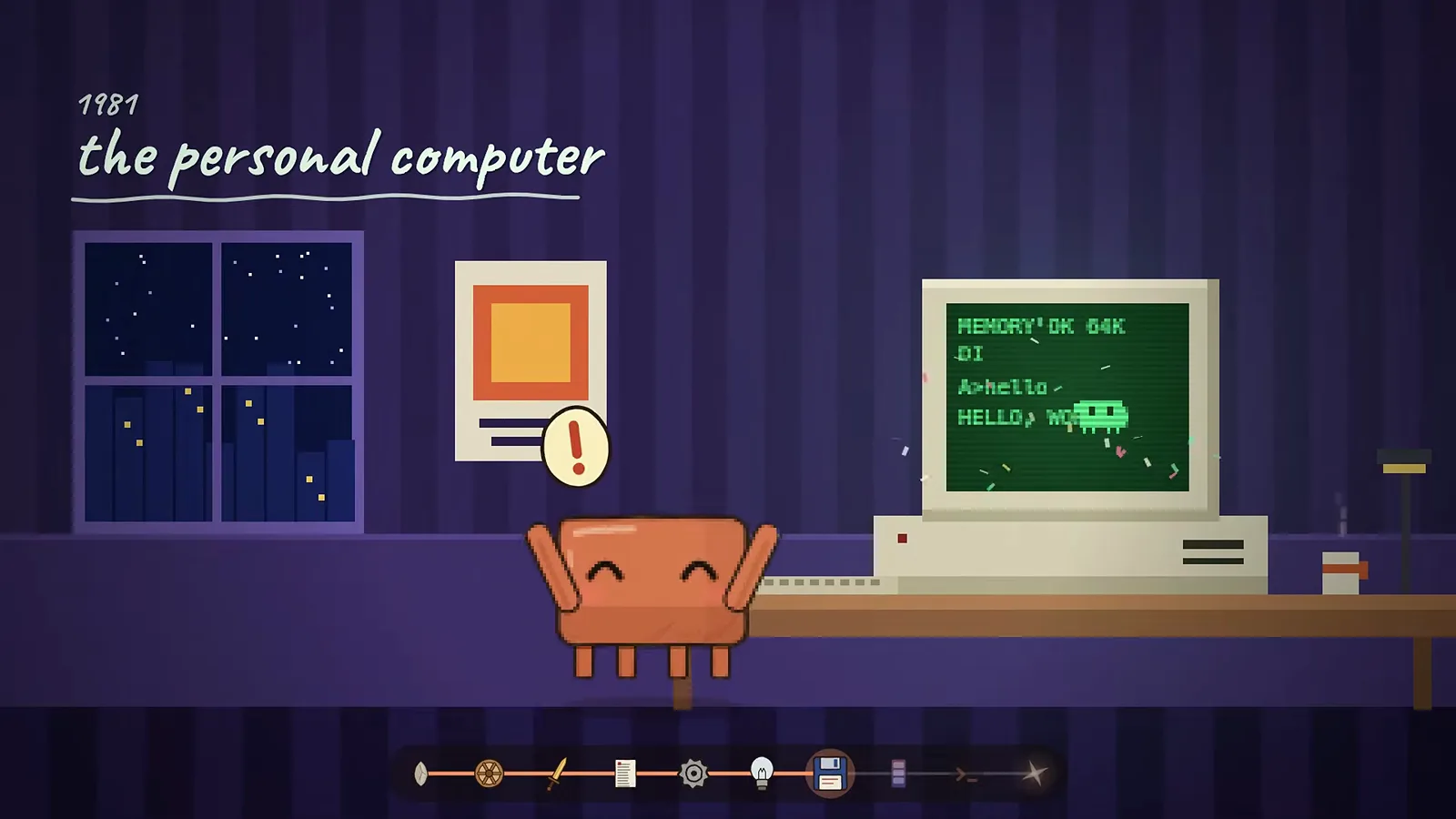 Animated scene from a Claude mascot video showing 1981 the personal computer with a retro terminal on a desk