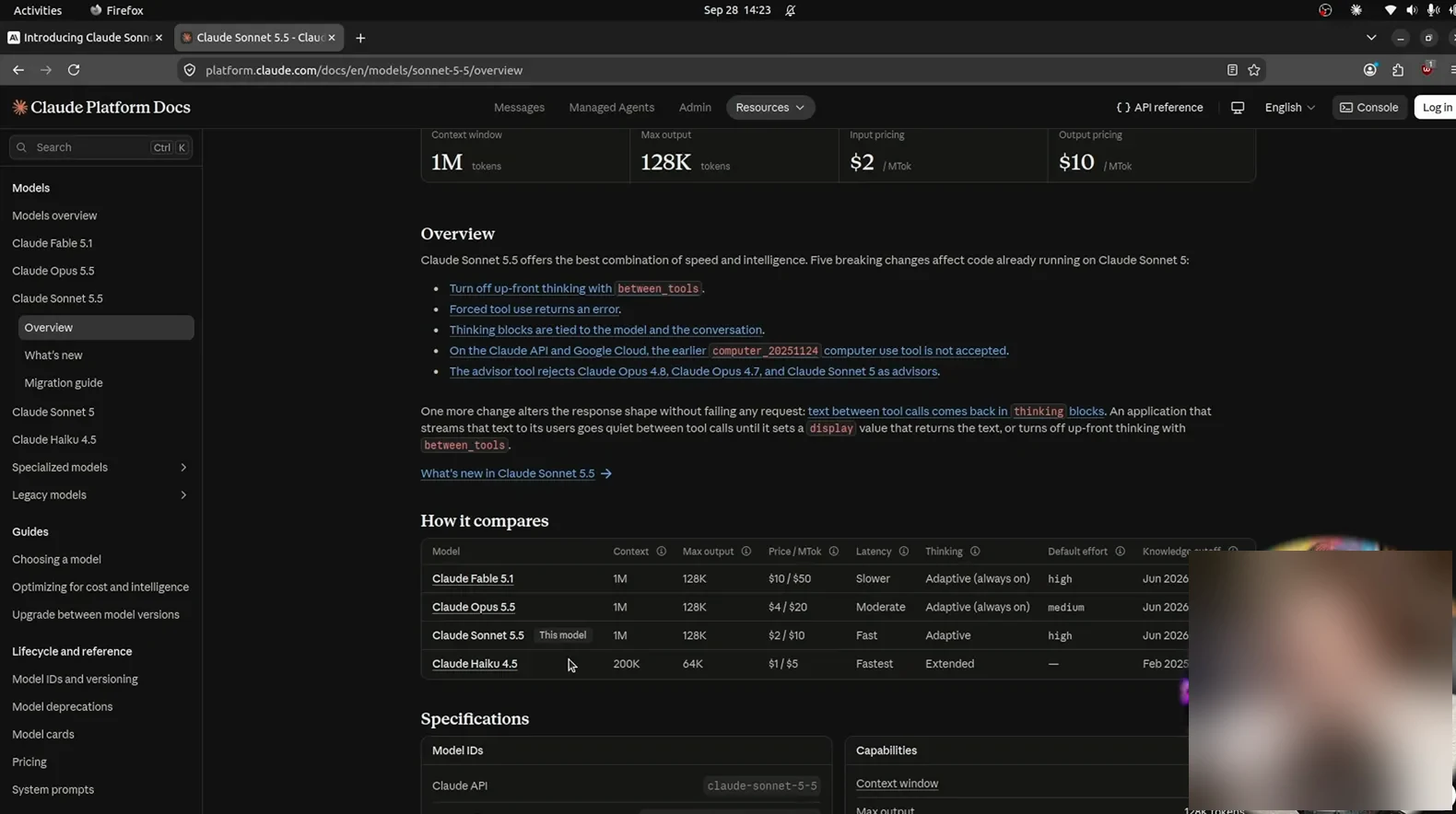 Claude platform docs for Sonnet 5.5 listing 1M token context, 128K max output, and a how-it-compares table