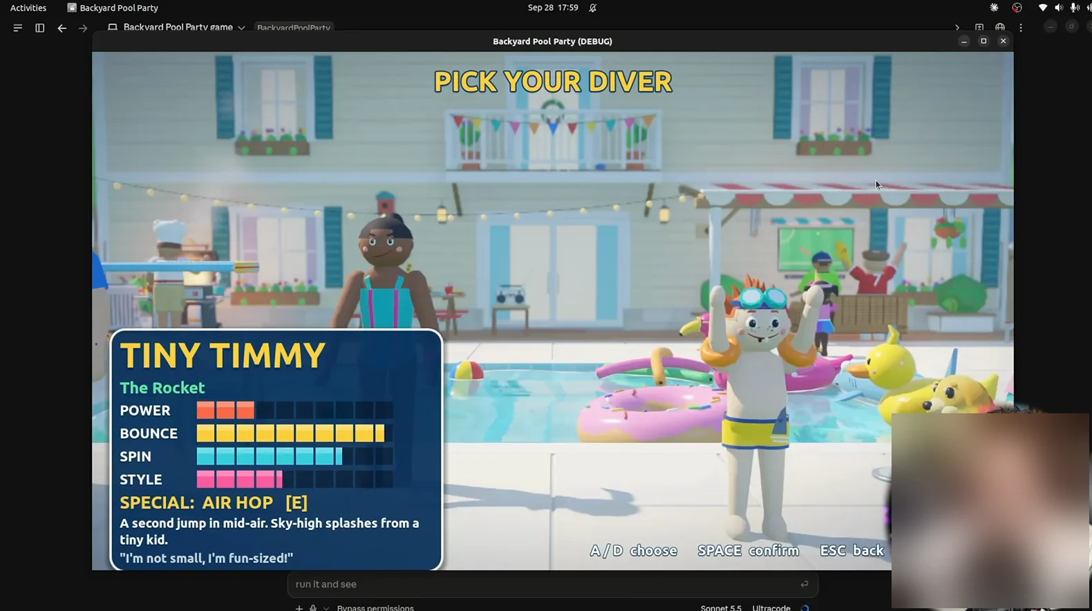 Pick Your Diver screen from the Backyard Pool Party game showing Tiny Timmy's stat bars and Air Hop special