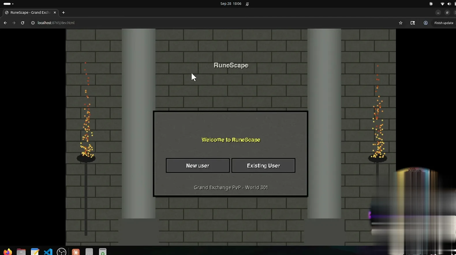 RuneScape login screen rebuilt by Claude Sonnet 5.5 with torches, the welcome box, and two user buttons