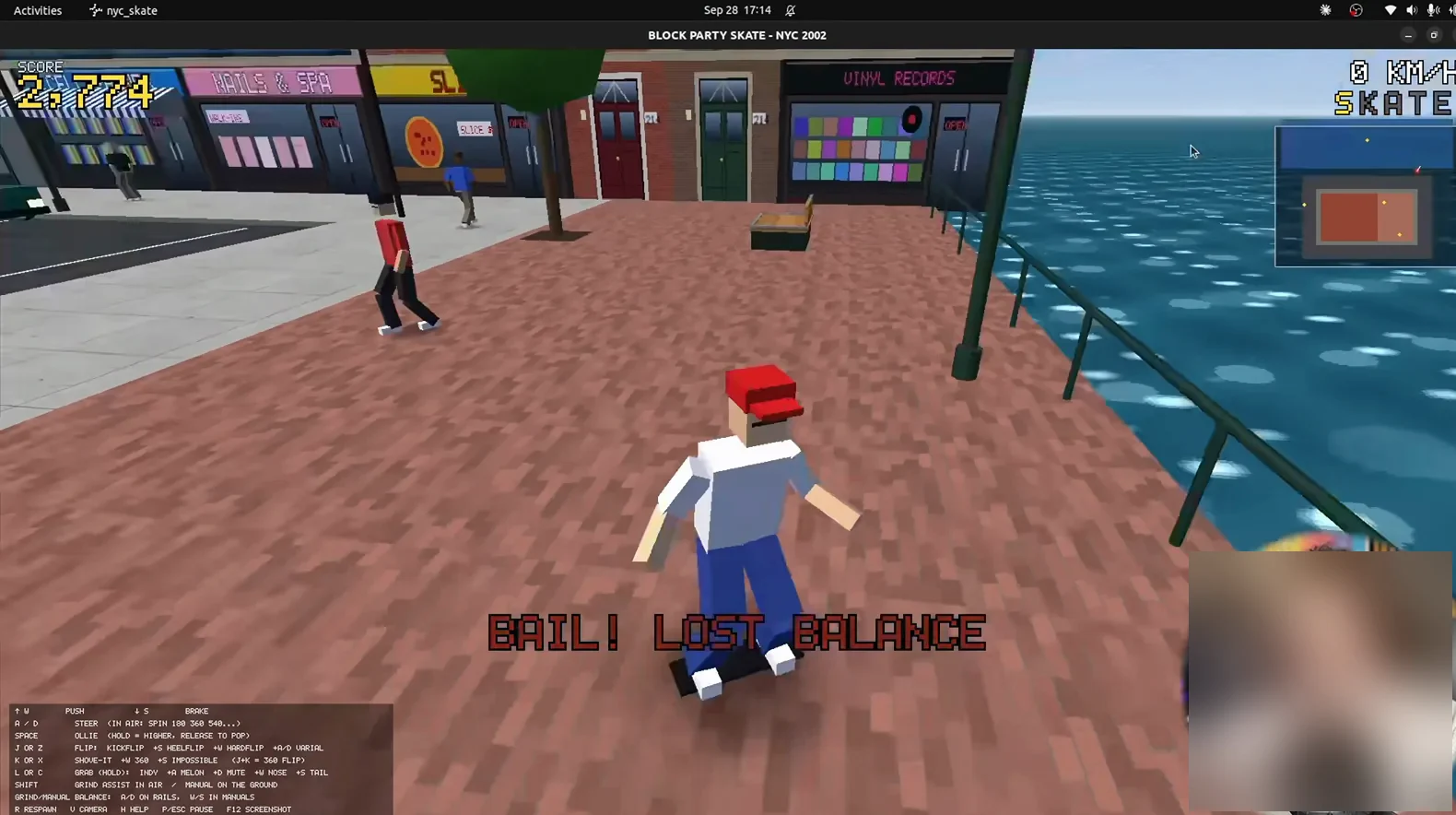 Block Party Skate boardwalk level with the skater collecting SKATE letters while the HUD tracks score