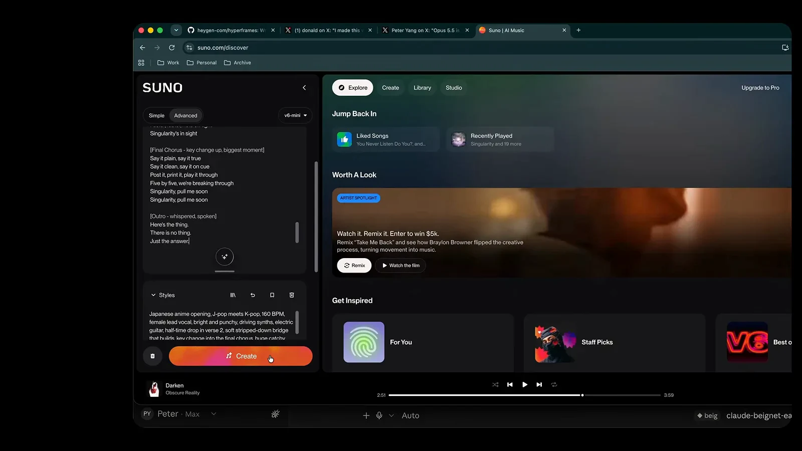 Suno web app showing a style prompt and lyrics panel beside a list of generated songs ready to audition