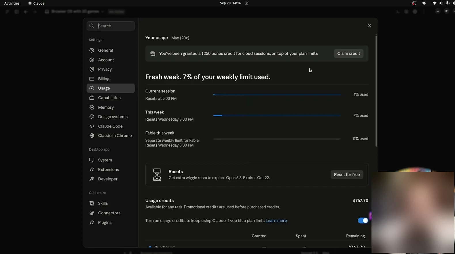 Claude app usage settings showing 7% of the weekly limit used plus session progress and a separate Fable quota