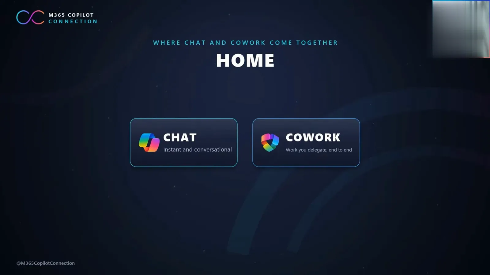 New Copilot Home screen pairing a Chat pill for instant conversational answers with a Cowork pill for work delegated end to end