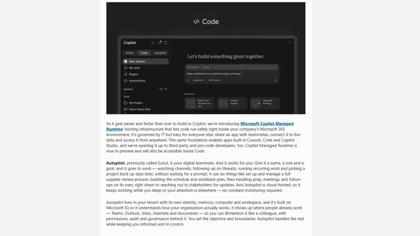 Blog section about the Code tab describing Microsoft Copilot Managed Runtime, which hosts code safely inside the Microsoft 365 tenant