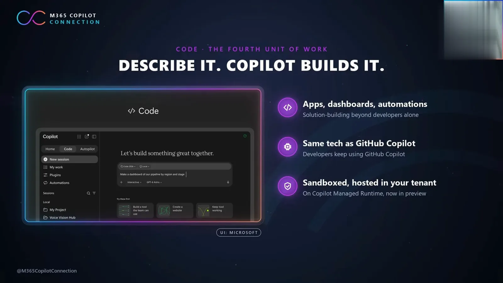 Code tab slide headed Describe it Copilot builds it, with apps dashboards and automations built on GitHub Copilot technology in a tenant sandbox