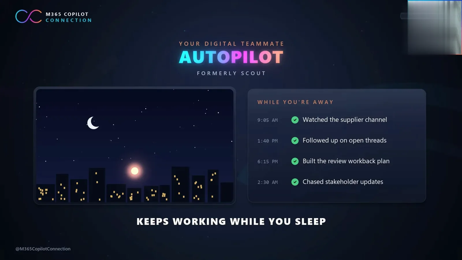 Autopilot slide labeled formerly Scout, with its overnight progress list: watching a supplier channel, following up on threads and chasing stakeholder updates