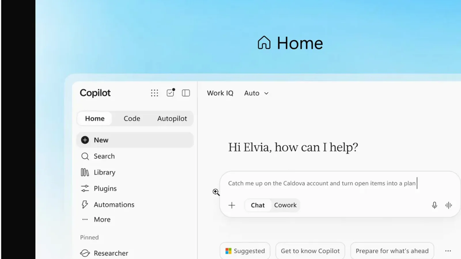 Copilot Home tab interface with Home, Code and Autopilot tabs, a Work IQ Auto mode prompt box and suggestion chips underneath
