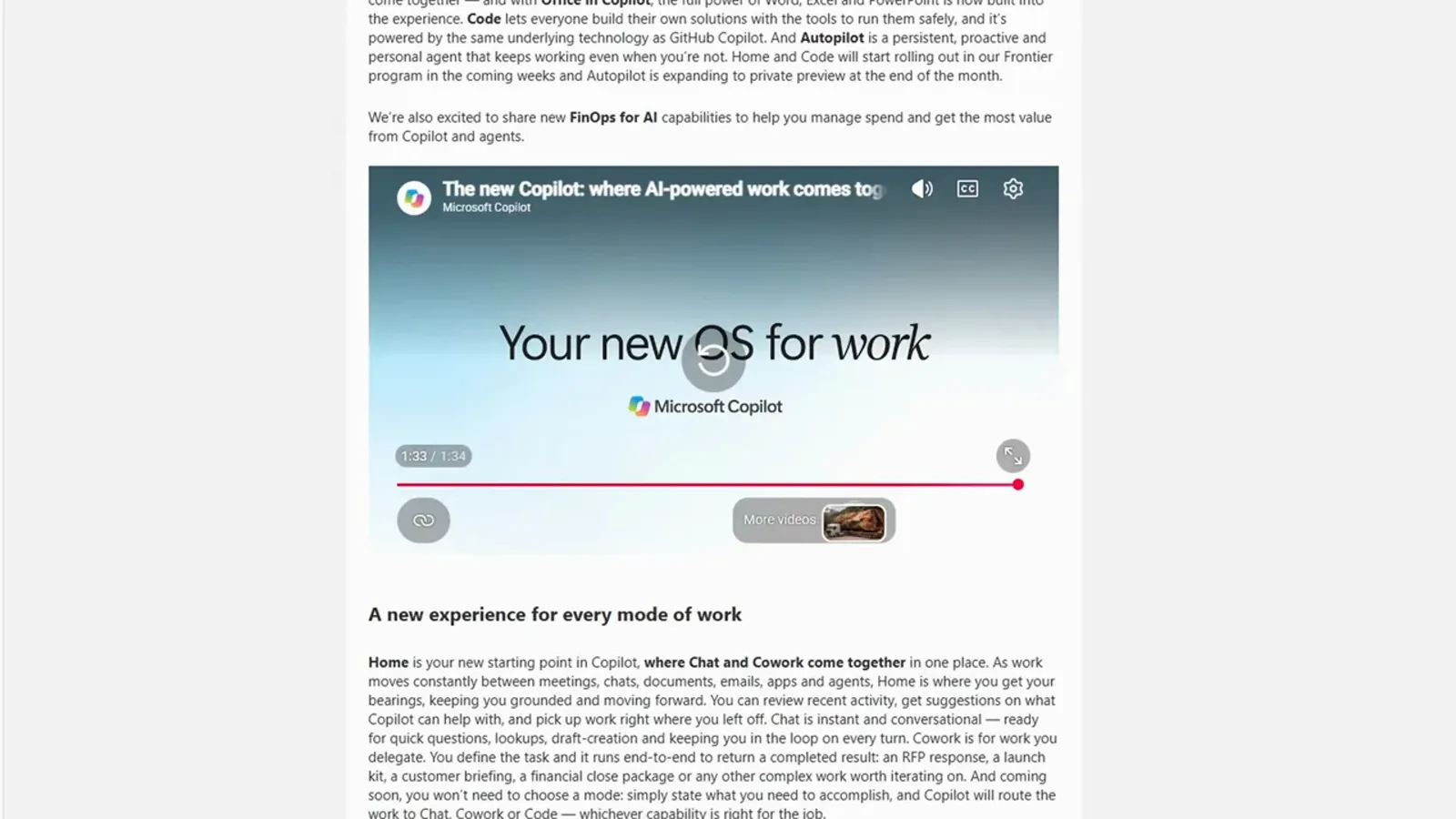 Official Microsoft Copilot blog post announcing the new Copilot with Home, Code and Autopilot under the banner Your new OS for work