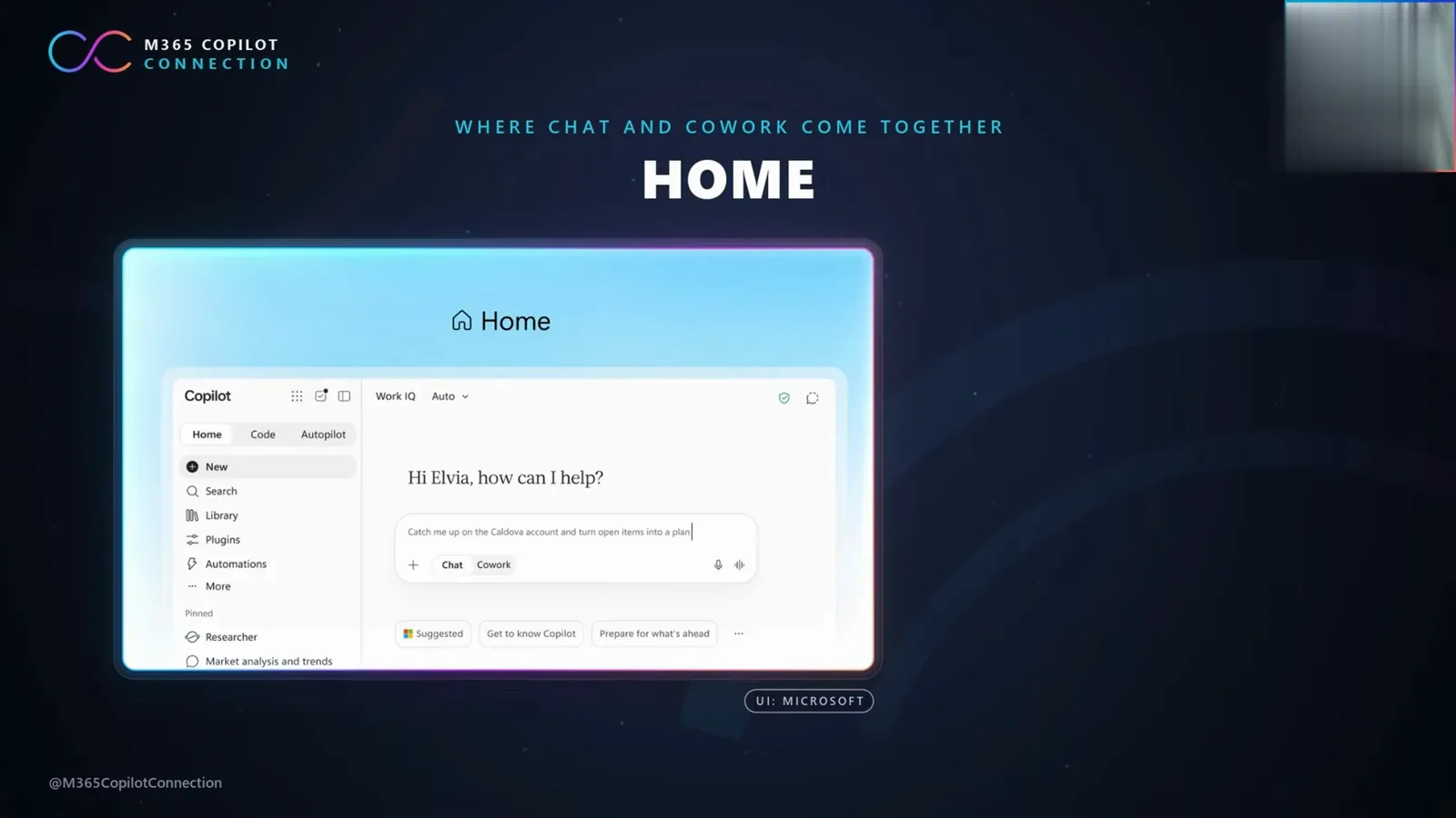 Copilot Home slide listing Office in Copilot beside a routing diagram that sends one request to Chat, Cowork or Code