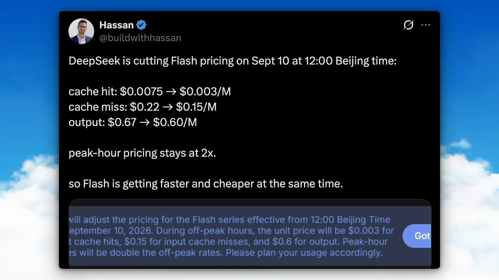 推文列出的 DeepSeek Flash 9 月 10 日降价明细，缓存命中输入降至每百万 token $0.003