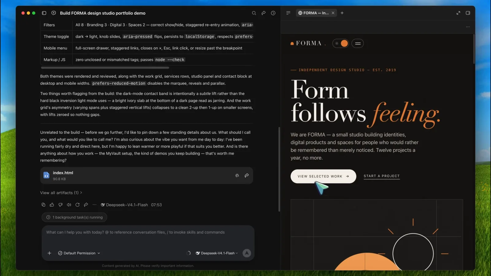 WorkBuddy 左右分屏，左侧是 Forma 的设计需求，右侧是已完成的 Form follows feeling 首屏