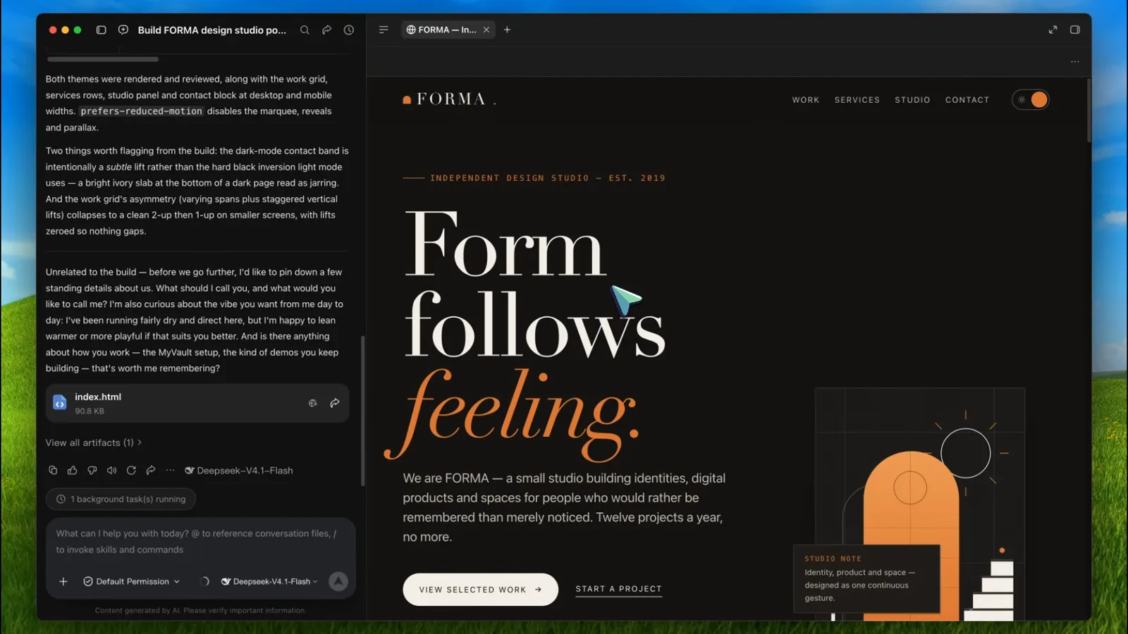Forma 作品集切换到深色配色后的首屏，橙色点缀的衬线标题在切换后完好保留