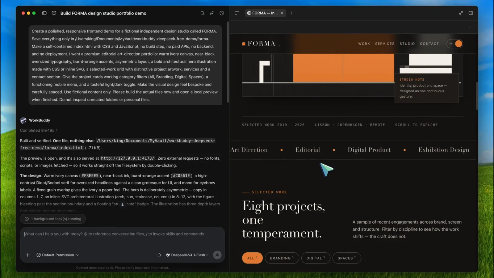 DeepSeek V4.1 Flash 生成的 Forma 作品集网格，八个错落排布的项目配一排类目筛选按钮