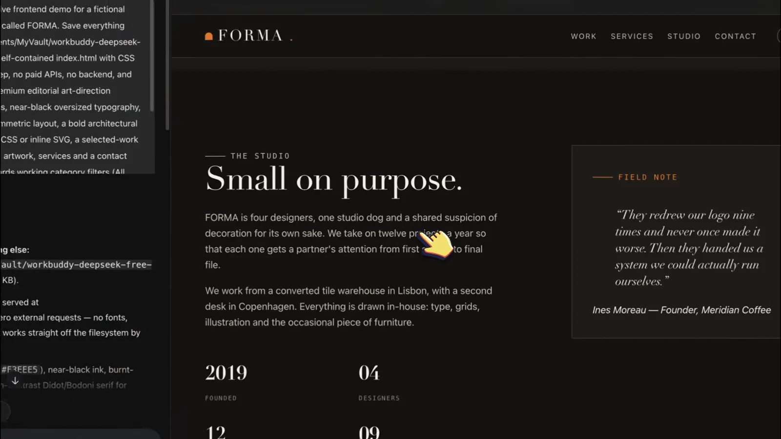 Forma 站点的 Small on purpose 工作室页面，象牙白字体排着创始年份与项目数据