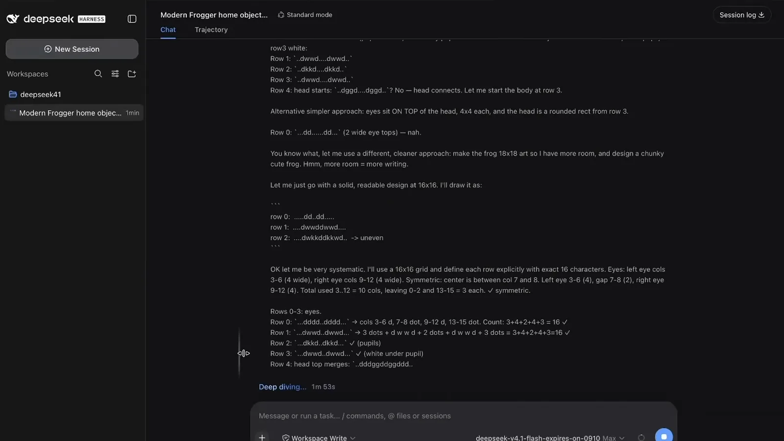 DeepSeek Harness 状态栏显示 v4.1 flash 模型以每秒 301 token 的速度输出，首字节 1.2 秒